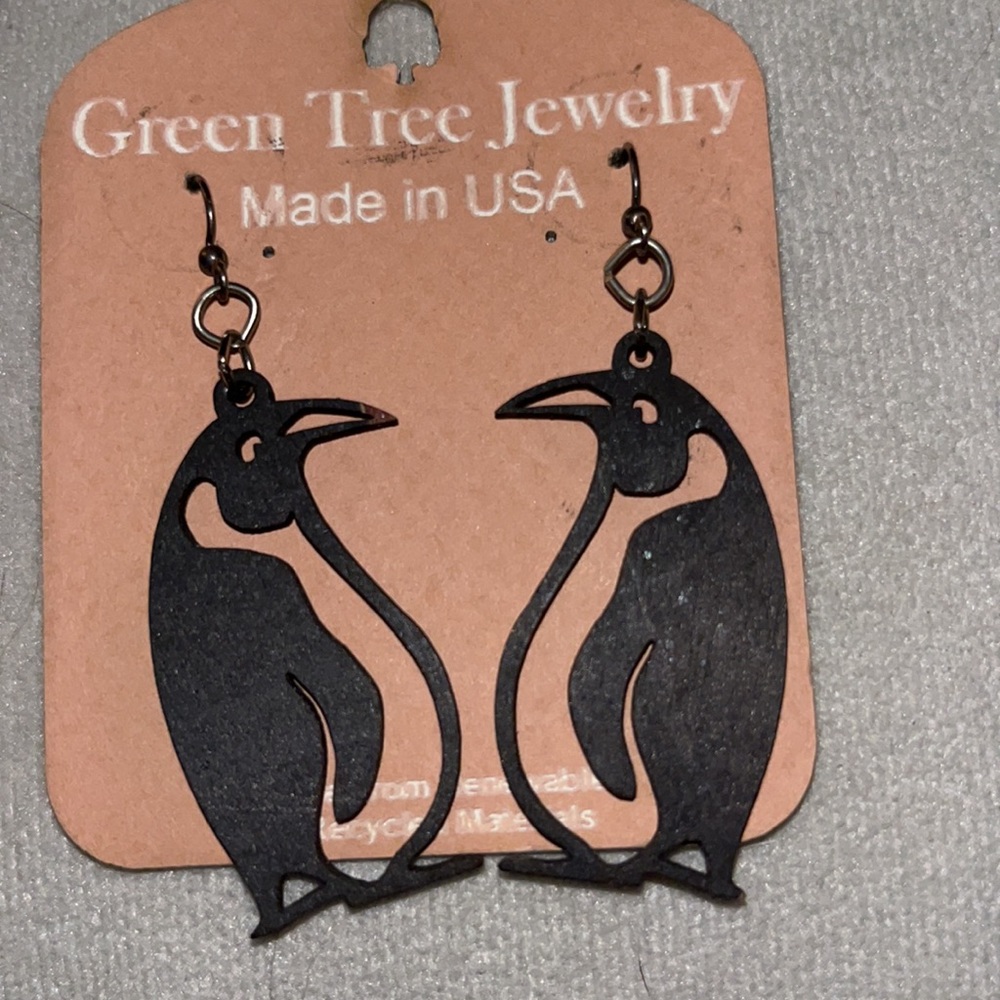 Green tree jewelry wooden penguin earrings